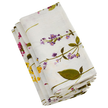 Linen Napkins With Floral Stem Design, Set of 4, Off-White