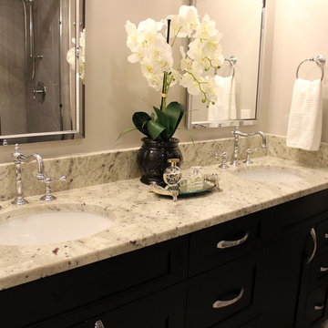 Transitional Bathroom with Black Vanity Cabinets & Polished Chrome Fixtures