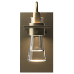 Hubbardton Forge - Erlenmeyer Sconce, Soft Gold Finish, Clear Glass - Inspired by the flat-bottomed Erlenmeyer flask, this sconce provides the catalyst for your design chemistry. The thick, clear or colored blown-glass flask is encircled by a handcrafted steel collar which is in turn, embedded in a steel plate.