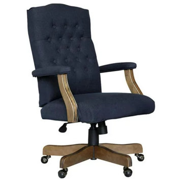 Classic Office Chair, Driftwood Wooden Frame With Button Tufted Seat, Champagne, Navy