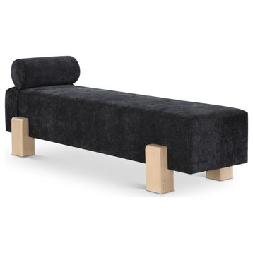 Edison Chenille Fabric Upholstered Bench, Black, Natural Finish