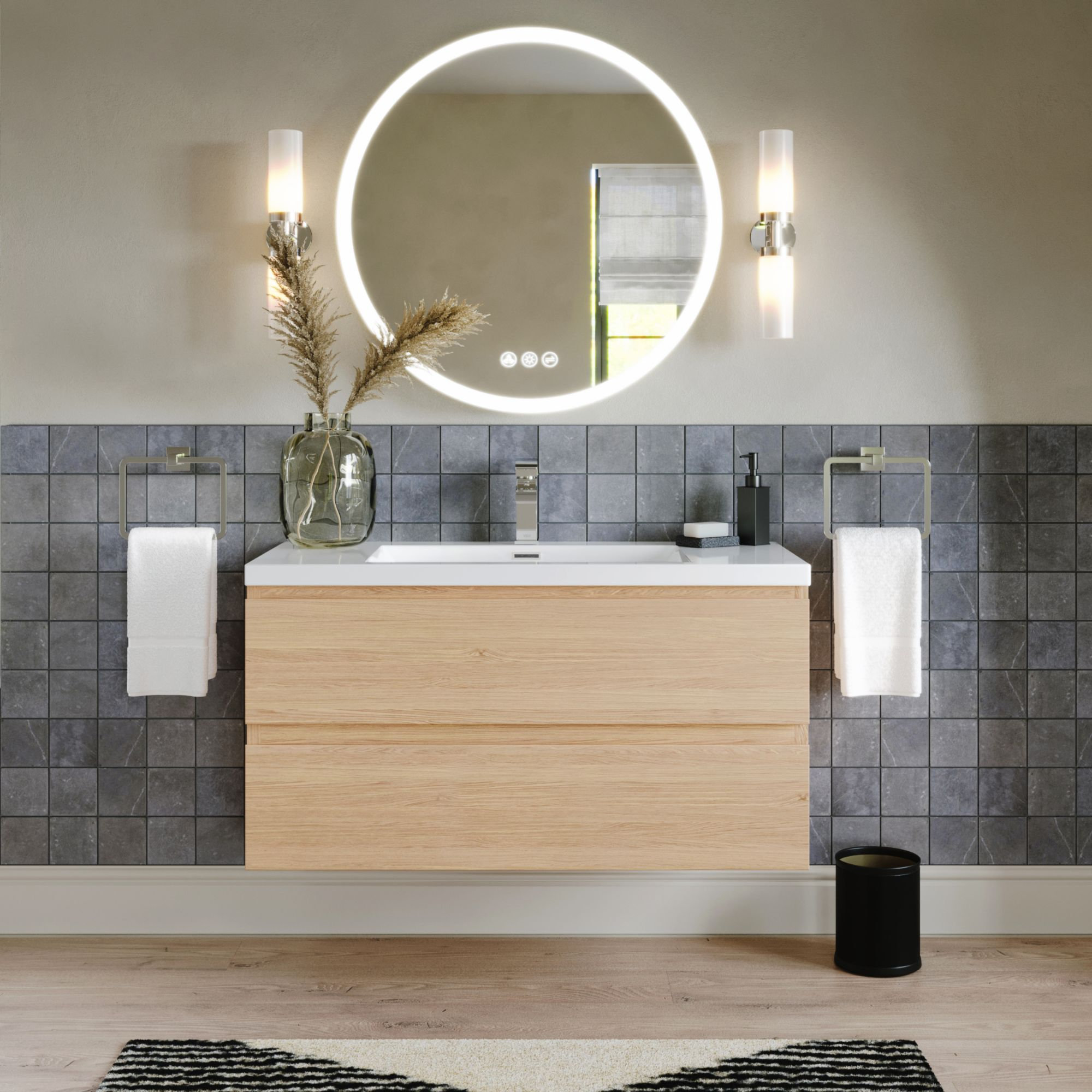 MOB Bath Vanity, White Oak, 42", Single Sink, Wall Mount