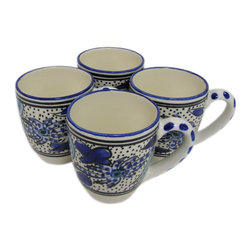 Le Souk Ceramique - Stoneware Tea Cup, Set of 4, Aqua Fish Design - Teacups