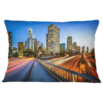 Downtown LA with Traffic Trail Cityscape Throw Pillow, 12"x20"
