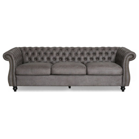 GDF Studio Vita Chesterfield  Microfiber Sofa With Scroll Arms, Slate/Dark Brown