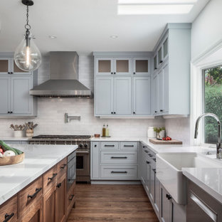 75 Beautiful Kitchen With Gray Cabinets And Brick Backsplash