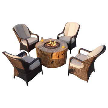 Patio Propane Fire Pit Table with Cushioned Chairs, Wood-2