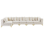 Meridian Furniture - Tremblay Modular Sectional, Cream, L-Shaped, 6-Piece: Armless (4), Corner (2) - Lean back and relax on this Tremblay sectional. Featuring soft cream velvet upholstery with deep button tufting, this sectional adds a bold touch to any living space. A complete set of gold and chrome legs are included, so you can change it up to suit your home decor. This sectional is modular, so you can create infinite configurations with it, which are easily attached using the latch underneath the frame. Its contemporary design is perfect for the modern home.
