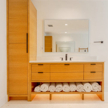 Custom Wooden Vanity With Built-In Storage And Sleek Modern Appeal