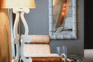 Small trendy carpeted bedroom photo with gray walls
