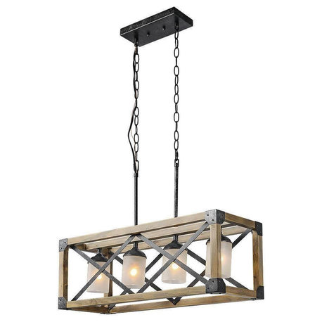 LNC Laius 4-Light Distressed Wood and Black Farmhouse Large Linear Chandelier