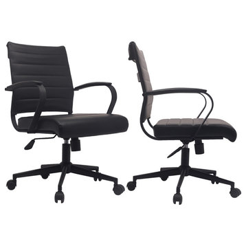 Set of 2 Mid Back Swivel Ribbed PU Leather Office Arm Chair Modern Ergonomic, All Black