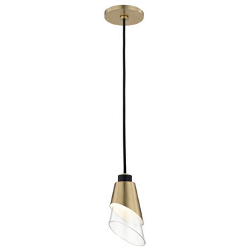Angie LED Pendant with Black Accents, Clear Glass, Finish: Aged Brass