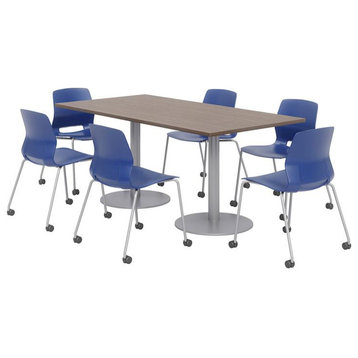 36 x 72" Table - 6 Lola Navy Caster Chairs - Teak Top - Silver Base