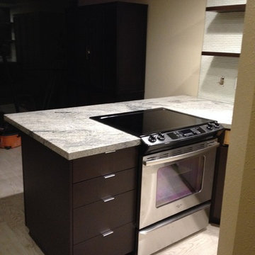 Angle kitchen peninsula with floating shelves