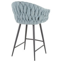 Braided Matisse Counter Stool, Black Metal, Grey PU, Blue Fabric