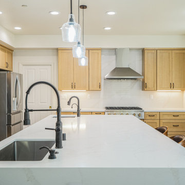 Modern Light Oak Shaker Kitchen with Waterfall Quartz Island P3| The Cabination