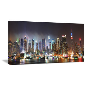 "Lit NYC Manhattan Skyline" Cityscape Photo Canvas Print, 32"x16"