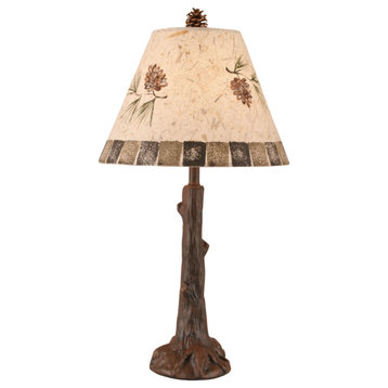 Rust Tree Trunk Table Lamp With Pine Cone and Blocks Shade