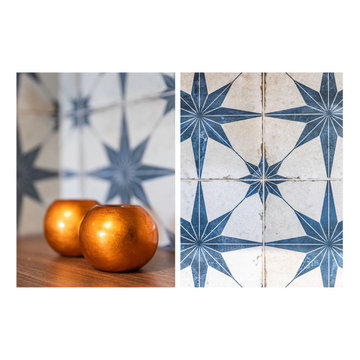White kitchen with blue star tiles