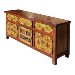 Chinese Tibetan Jewel Flower Graphic Low Credenza Shoes Cabinet - Entertainment Centers And Tv Stands