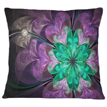 Glittering Purple Green Fractal Flower Floral Throw Pillow, 16"x16"