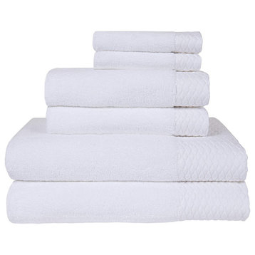 Kelso Solid with Wave Jacquard Cuff 6 Piece Bath Towel Set in White