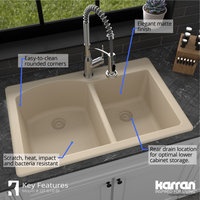 Karran Drop-In Quartz 33" 1-Hole 60/40 Double Bowl Kitchen Sink, Bisque