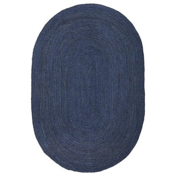 Farmhouse Area Rug, Oval Shaped Hand Woven Natural Jute In Navy Blue, 4' X 10'