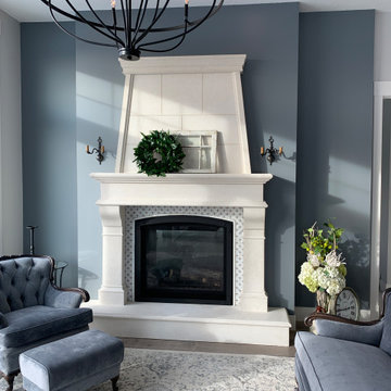 Cast stone fireplace, hearth and overmantle
