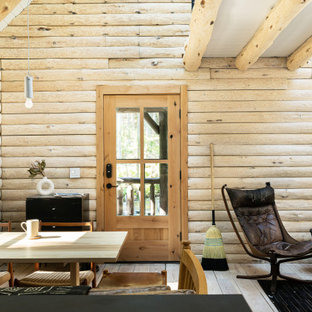 Idéer för en mellanstor retro ingång och ytterdörr, med beige väggar, plywoodgolv, en enkeldörr, mellanmörk trädörr och beiget golv