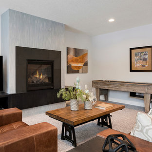 Medium sized modern look-out basement in Minneapolis with grey walls, carpet, a ribbon fireplace, a concrete fireplace surround and grey floors.