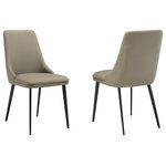 Armen Living - Genesis Upholstered Dining Chair, Faux Leather With Black Metal Legs Set of 2 - Lend sleek style and modern appeal to any room with our Genesis Upholstered Dining Chairs - Set of 2 in Faux Leather and Black Metal Legs. Refined and streamlined to perfection, this kitchen chair serves as a stylish fit for any modern or contemporary home. It features a beautifully sculpted back to attain a tailored and inviting look. Perched upon slender black metal legs, the Genesis dining room chair keeps your home looking airy and spacious. Its tall back beautifully widens at the bottom to provide exceptional lumbar support and comfort. Finished off with a padded seat, our dining table chair offers a comfortable seat anywhere in your dining room, kitchen, living area, or home office. The dining chair is upholstered in UV and stain-resistant faux leather which does not crack or fade easily to offer easy maintenance. The Genesis dining chair is available in Taupe Gray or Beige Faux Leather with Black Legs. These dining chairs are sold as a set of 2.