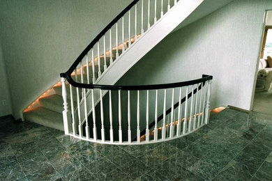 広いトランジショナルスタイルのおしゃれなサーキュラー階段 (カーペット張りの蹴込み板) の写真