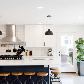 Rock Kitchen, Flooring and Custom Fireplace and Shelving Remodel