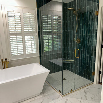 Modern Walk-in Shower with Deep Green Vertical Subway Tile
