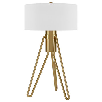 25" Brass Metal Two Light Tripod Table Lamp With White Drum Shade
