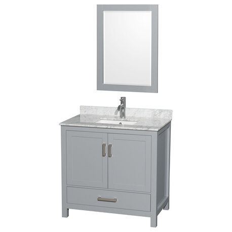 36" Single Vanity,Gray,White Carrara Marble Top,Undermount Square Sink,Mirror