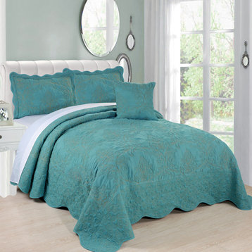 Damask Embroidered Quilted 4 Piece Bed Spread Sets, Teal, Queen