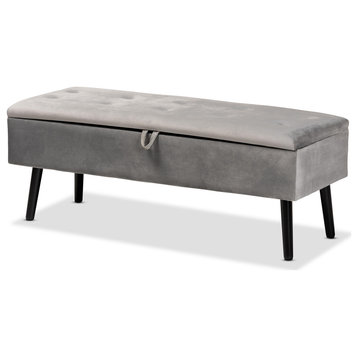 Caine Grey Velvet Fabric Upholstered and Dark Brown Finished Wood Storage Bench