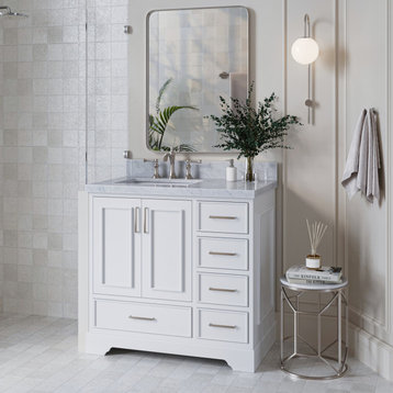 Ariel Stafford 37" Single Left Offset Rectangle Sink Bathroom Vanity, White, 1.5 Carrara Marble