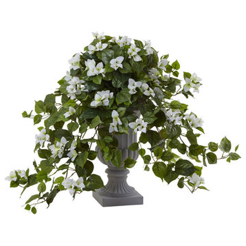 27" Bougainvillea Flowering Silk Plant With Decorative Urn, White