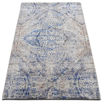 Blue ERASED ROSSETS Silk With Wool Hand Knotted Orinental Rug 2' x 3'