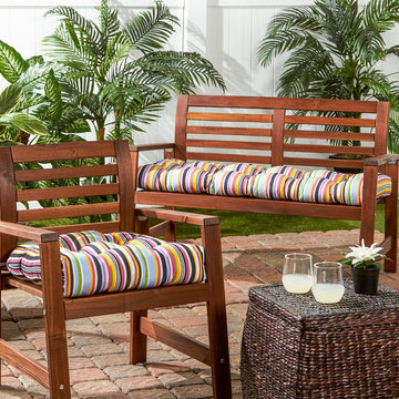 Teak Wood Chair and Loveseat with Modern Stripe Print Cushions