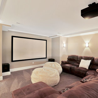 Home theater - large transitional enclosed carpeted home theater idea in Richmond with beige walls and a projector screen