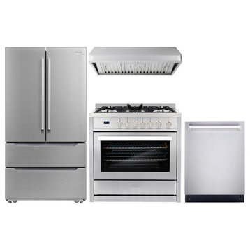 4 Piece, 36" Gas Range 36" Range Hood 24" Dishwasher & Refrigerator