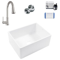 Austen White Fireclay 24" Single Bowl Farmhouse Undermount Kitchen Sink, Kit