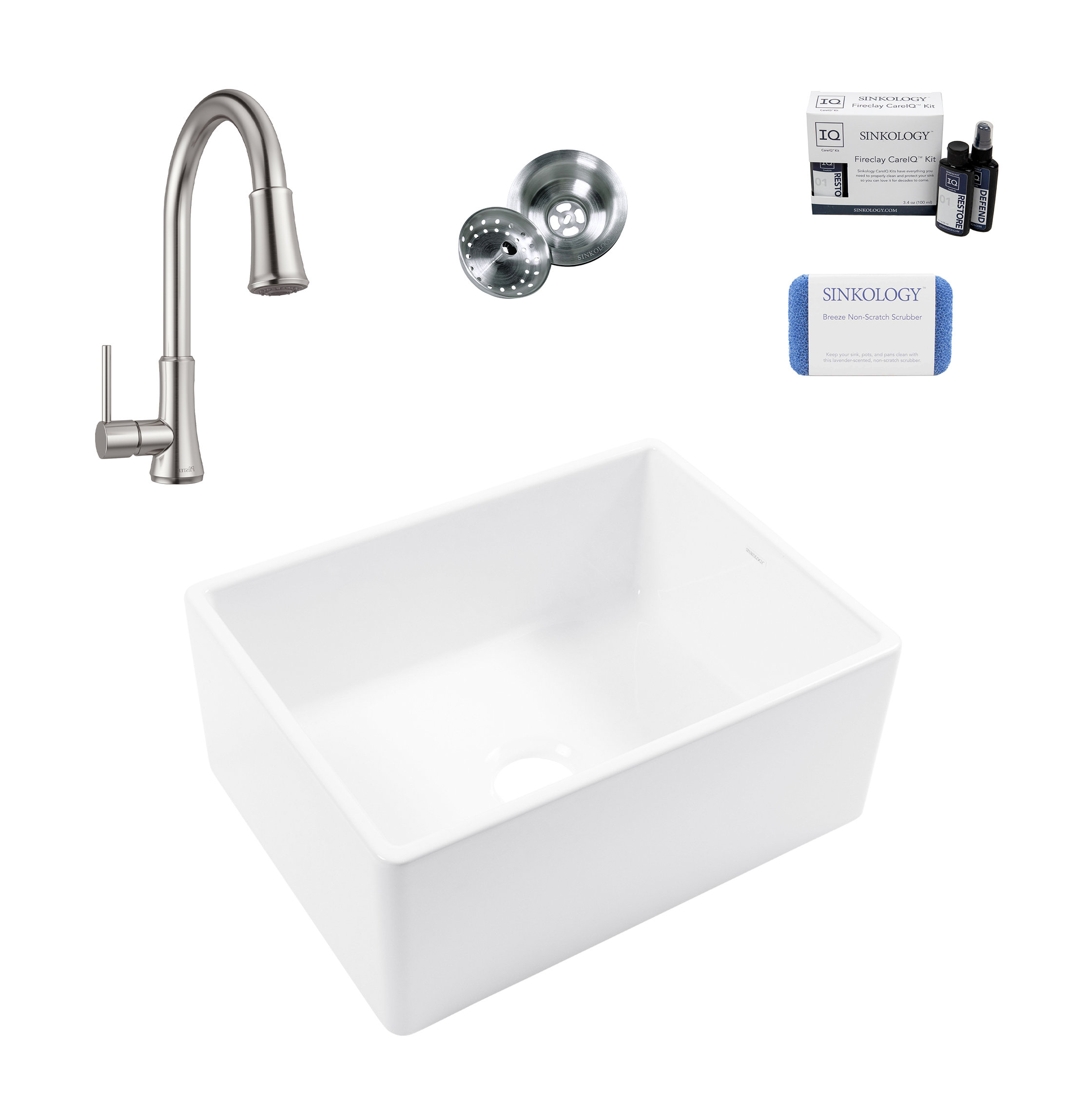 Austen White Fireclay 24" Single Bowl Farmhouse Undermount Kitchen Sink, Kit