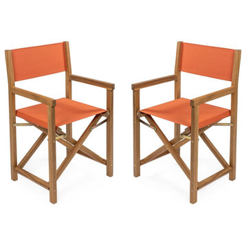 2 Pack Patio Folding Director Chair, Teak Oiled Acacia Frame, Orange
