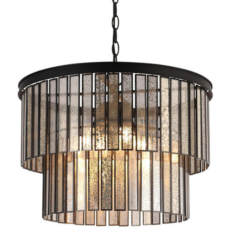 LNC Hemera 4-Light Two-tiered Matte Black Glass Drum Modern Chandelier